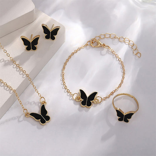 1Set Fashion Exquisite Versatile Butterfly Necklace Bracelet Earrings Ring Gifts